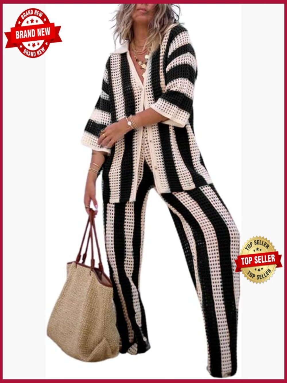 Crochet 2 Piece Cover Up Set Button Top & Pants Vacation Outfit